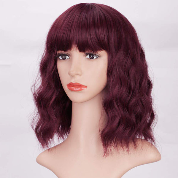 Qp hairMONIXI Synthetic Short Wave Wig with Bangs Pink Bob Wigs for Women Synthetic Shoulder Length Natural Looking Daily Use