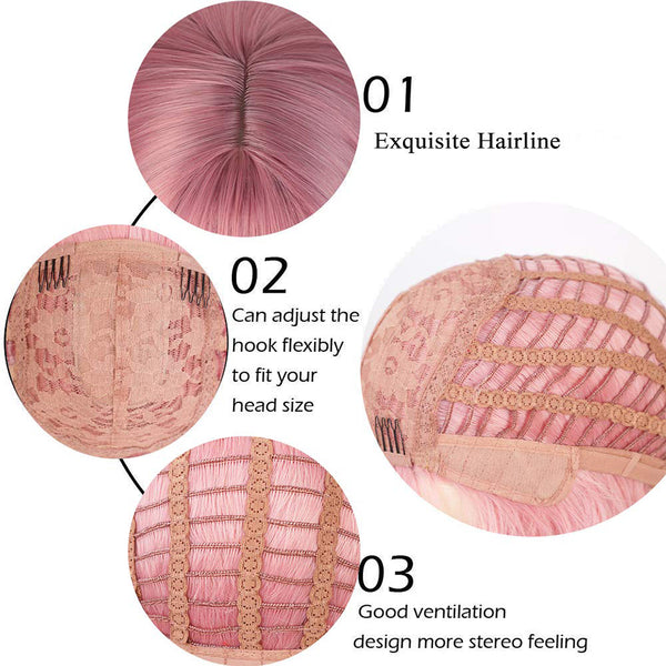 Qp hairMONIXI Synthetic Short Wave Wig with Bangs Pink Bob Wigs for Women Synthetic Shoulder Length Natural Looking Daily Use