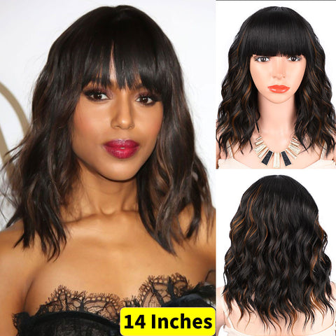 Qp hairMONIXI Synthetic Short Wavy Bob Wig With Bangs Brown Wigs For Women Dairy Party Heat Resistant Fiber Looks Nature