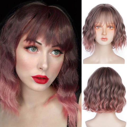 Qp hairMONIXI Synthetic Short Wavy Bob Wig With Bangs Brown Wigs For Women Dairy Party Heat Resistant Fiber Looks Nature
