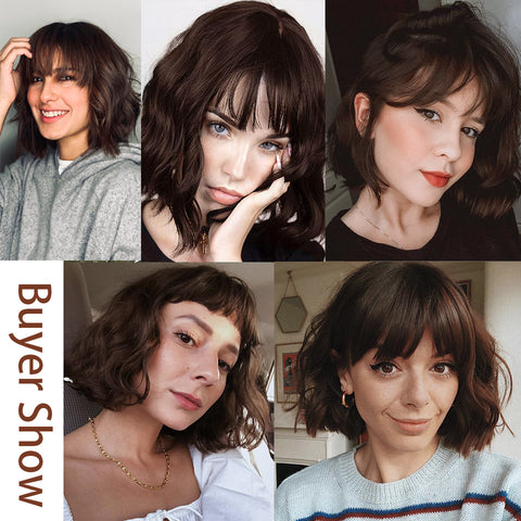 Qp hairMONIXI Synthetic Short Wavy Bob Wig With Bangs Brown Wigs For Women Dairy Party Heat Resistant Fiber Looks Nature