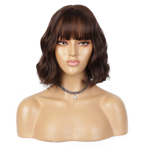 Qp hairMONIXI Synthetic Short Wavy Bob Wig With Bangs Brown Wigs For Women Dairy Party Heat Resistant Fiber Looks Nature