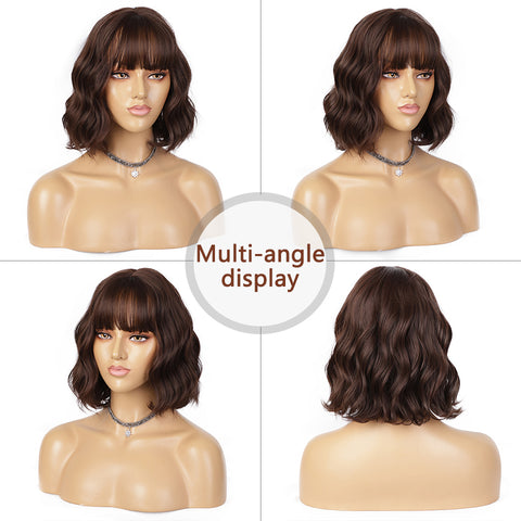 Qp hairMONIXI Synthetic Short Wavy Bob Wig With Bangs Brown Wigs For Women Dairy Party Heat Resistant Fiber Looks Nature