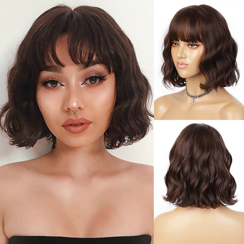 Qp hairMONIXI Synthetic Short Wavy Bob Wig With Bangs Brown Wigs For Women Dairy Party Heat Resistant Fiber Looks Nature
