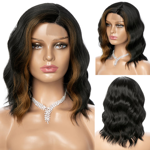 Qp hairMONIXI Synthetic Short Wavy Wig Side Part Mixed Brown Black Wigs for Women Natural Heat Resistant Daily Party Hair