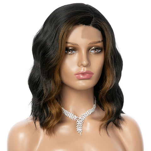Qp hairMONIXI Synthetic Short Wavy Wig Side Part Mixed Brown Black Wigs for Women Natural Heat Resistant Daily Party Hair