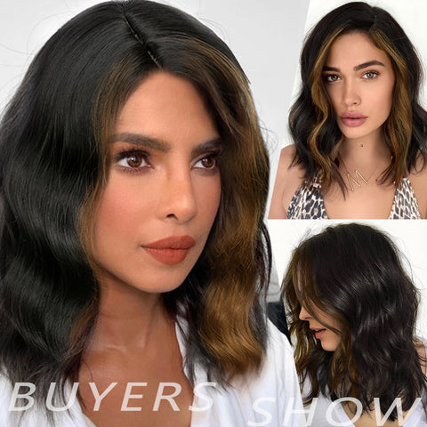 Qp hairMONIXI Synthetic Short Wavy Wig Side Part Mixed Brown Black Wigs for Women Natural Heat Resistant Daily Party Hair