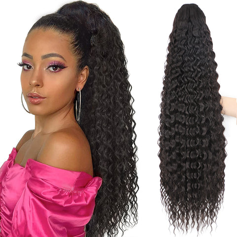 Qp hairMONIXI Synthetic Synthetic Drawstring Ponytail Long Kinky Curly Ponytail Hair Black Ponytail Clip-In Hair Extension For Women
