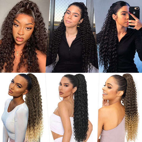 Qp hairMONIXI Synthetic Synthetic Drawstring Ponytail Long Kinky Curly Ponytail Hair Black Ponytail Clip-In Hair Extension For Women