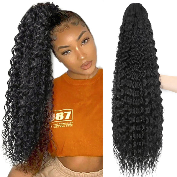 Qp hairMONIXI Synthetic Synthetic Drawstring Ponytail Long Kinky Curly Ponytail Hair Black Ponytail Clip-In Hair Extension For Women