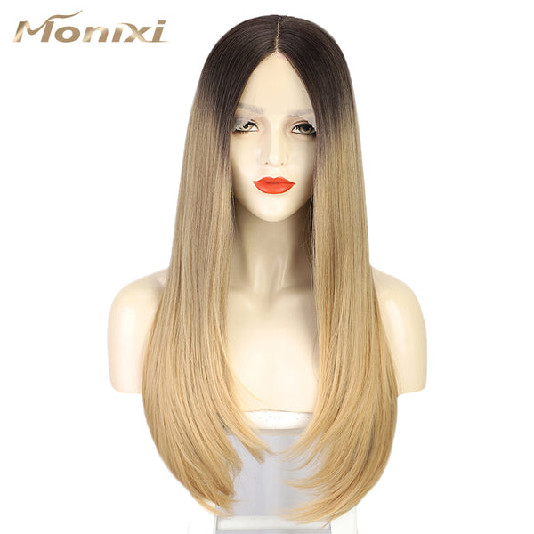 Qp hairMONIXI Synthetic T Part Lace Front Wig Long Straight Ombre Blonde Wig for Women Natural Middle Part Wigs For Daily Cosplay Use