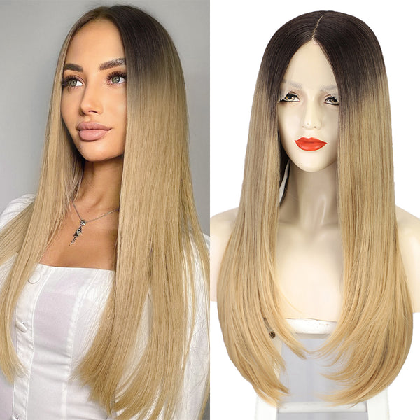 Qp hairMONIXI Synthetic T Part Lace Front Wig Long Straight Ombre Blonde Wig for Women Natural Middle Part Wigs For Daily Cosplay Use
