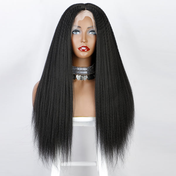 Qp hairMONIXI Synthetic T-Part Lace Front Wig for Women Long Black Kinky Straight Lace Wig for Daily Use Heat Resistant Fiber Hair