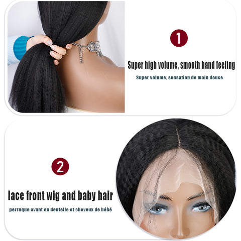 Qp hairMONIXI Synthetic T-Part Lace Front Wig for Women Long Black Kinky Straight Lace Wig for Daily Use Heat Resistant Fiber Hair