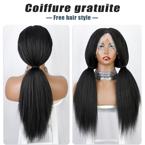 Qp hairMONIXI Synthetic T-Part Lace Front Wig for Women Long Black Kinky Straight Lace Wig for Daily Use Heat Resistant Fiber Hair