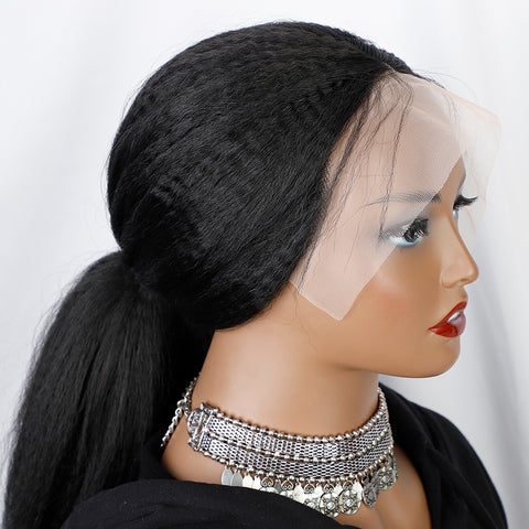 Qp hairMONIXI Synthetic T-Part Lace Front Wig for Women Long Black Kinky Straight Lace Wig for Daily Use Heat Resistant Fiber Hair