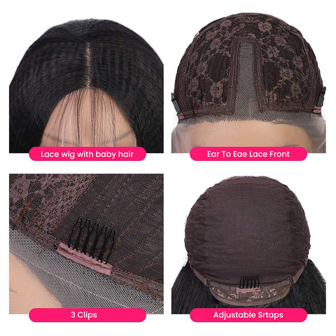 Qp hairMONIXI Synthetic T-Part Lace Front Wig for Women Long Black Kinky Straight Lace Wig for Daily Use Heat Resistant Fiber Hair