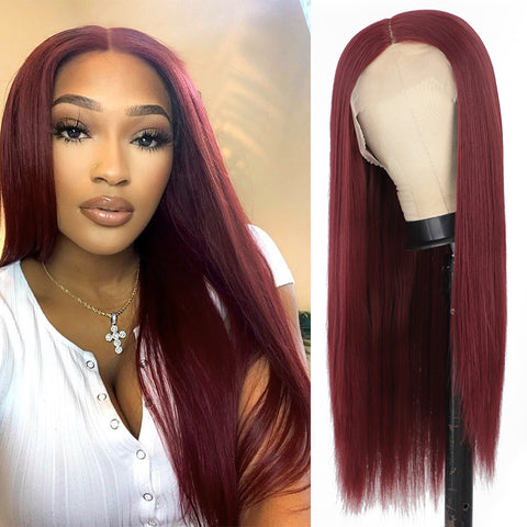 Qp hairMONIXI Synthetic T-Part Lace Wig Wine Red Long Straight Hair Minddle Part Wigs for Women Dairy Looks Nature Heat Resistant
