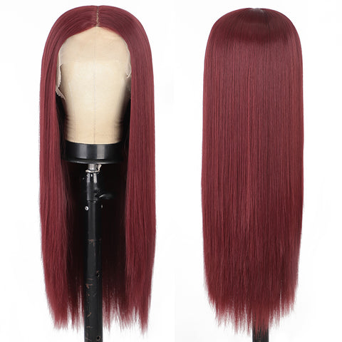 Qp hairMONIXI Synthetic T-Part Lace Wig Wine Red Long Straight Hair Minddle Part Wigs for Women Dairy Looks Nature Heat Resistant