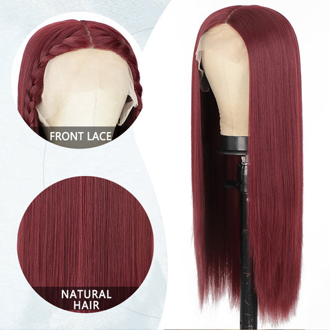Qp hairMONIXI Synthetic T-Part Lace Wig Wine Red Long Straight Hair Minddle Part Wigs for Women Dairy Looks Nature Heat Resistant
