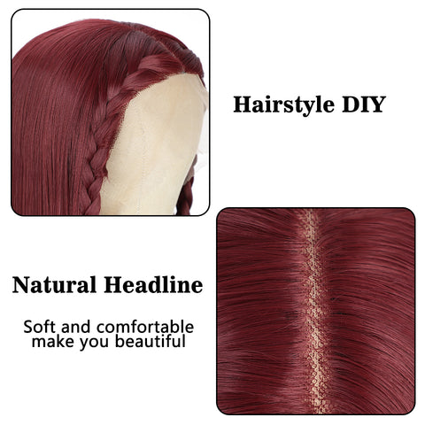 Qp hairMONIXI Synthetic T-Part Lace Wig Wine Red Long Straight Hair Minddle Part Wigs for Women Dairy Looks Nature Heat Resistant