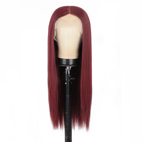 Qp hairMONIXI Synthetic T-Part Lace Wig Wine Red Long Straight Hair Minddle Part Wigs for Women Dairy Looks Nature Heat Resistant