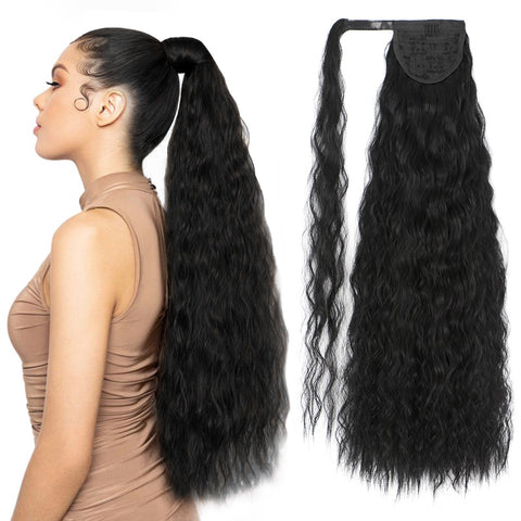 Qp hairMONIXI Synthetic Wavy Ponytail Extension Wrap On Clip Hair For Women Dairy Long Black Ponytails High Heat Resistance