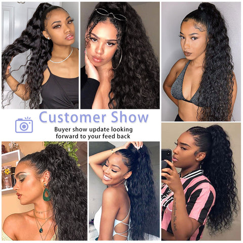 Qp hairMONIXI Synthetic Wavy Ponytail Extension Wrap On Clip Hair For Women Dairy Long Black Ponytails High Heat Resistance