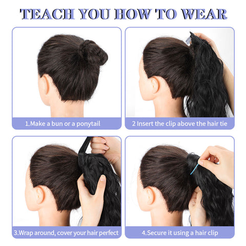 Qp hairMONIXI Synthetic Wavy Ponytail Extension Wrap On Clip Hair For Women Dairy Long Black Ponytails High Heat Resistance