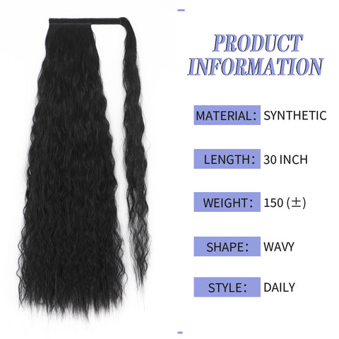 Qp hairMONIXI Synthetic Wavy Ponytail Extension Wrap On Clip Hair For Women Dairy Long Black Ponytails High Heat Resistance
