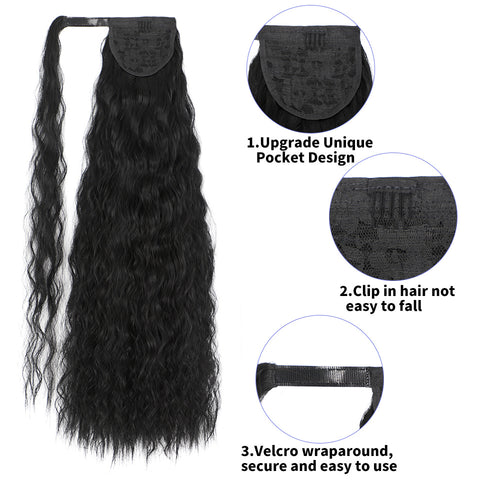 Qp hairMONIXI Synthetic Wavy Ponytail Extension Wrap On Clip Hair For Women Dairy Long Black Ponytails High Heat Resistance