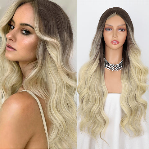 Qp hairMONIXI Synthetic Wig Long Wavy Wig Natural Black Wig for Women Side Part Highlight Wig Heat Resistant Fiber Hair Cosplay Wig