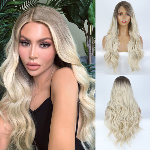 Qp hairMONIXI Synthetic Wig Long Wavy Wig Natural Black Wig for Women Side Part Highlight Wig Heat Resistant Fiber Hair Cosplay Wig