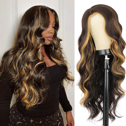 Qp hairMONIXI Synthetic Wig Long Wavy Wig Natural Black Wig for Women Side Part Highlight Wig Heat Resistant Fiber Hair Cosplay Wig