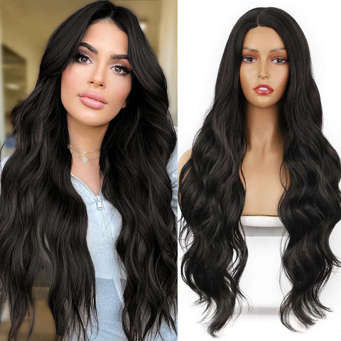 Qp hairMONIXI Synthetic Wig Long Wavy Wig Natural Black Wig for Women Side Part Highlight Wig Heat Resistant Fiber Hair Cosplay Wig