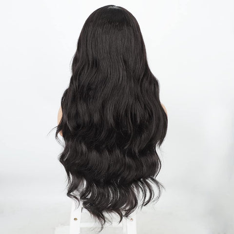Qp hairMONIXI Synthetic Wig Long Wavy Wig Natural Black Wig for Women Side Part Highlight Wig Heat Resistant Fiber Hair Cosplay Wig