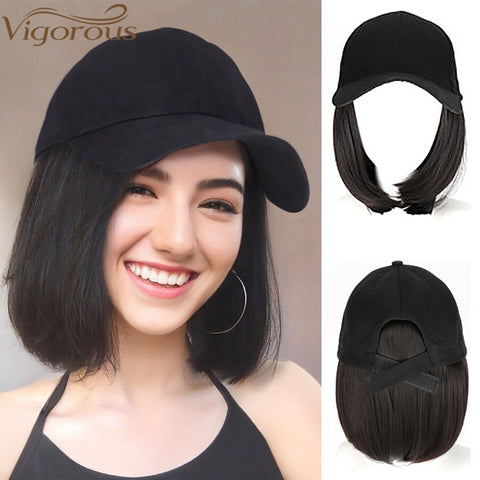 Qp hairMONIXI Synthetic Wig Short Bob Baseball Wig Black White Hat Wigs Cap with Hair Naturally Connect Baseball Cap Adjustable