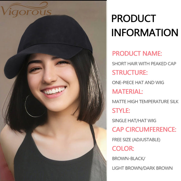 Qp hairMONIXI Synthetic Wig Short Bob Baseball Wig Black White Hat Wigs Cap with Hair Naturally Connect Baseball Cap Adjustable