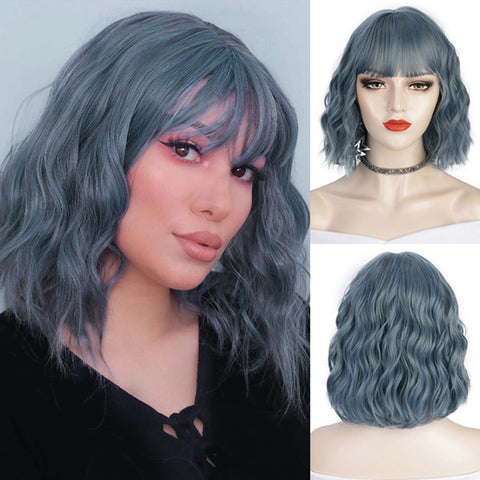 Qp hairMONIXI Synthetic Wine Red Bob Wig with Bangs Short Wavy Wigs for Women Dairy Party Used And Cosplay Hair Heat Resistant Fiber