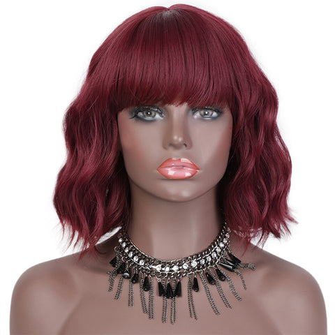 Qp hairMONIXI Synthetic Wine Red Bob Wig with Bangs Short Wavy Wigs for Women Dairy Party Used And Cosplay Hair Heat Resistant Fiber