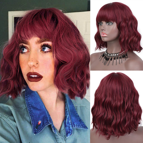Qp hairMONIXI Synthetic Wine Red Bob Wig with Bangs Short Wavy Wigs for Women Dairy Party Used And Cosplay Hair Heat Resistant Fiber