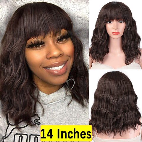 Qp hairMONIXI Synthetic Wine Red Bob Wig with Bangs Short Wavy Wigs for Women Dairy Party Used And Cosplay Hair Heat Resistant Fiber