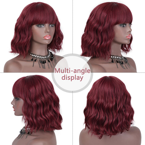 Qp hairMONIXI Synthetic Wine Red Bob Wig with Bangs Short Wavy Wigs for Women Dairy Party Used And Cosplay Hair Heat Resistant Fiber