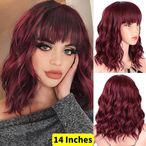 Qp hairMONIXI Synthetic Wine Red Bob Wig with Bangs Short Wavy Wigs for Women Dairy Party Used And Cosplay Hair Heat Resistant Fiber