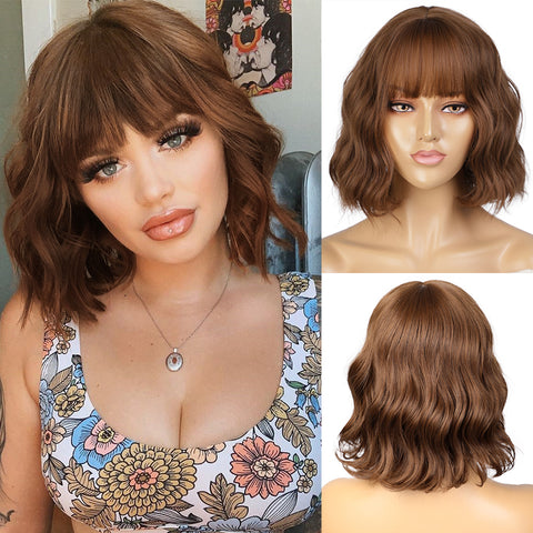 Qp hairMONIXI Synthetic Wine Red Bob Wig with Bangs Short Wavy Wigs for Women Dairy Party Used And Cosplay Hair Heat Resistant Fiber