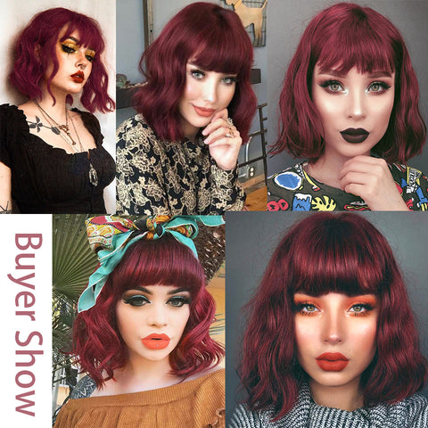 Qp hairMONIXI Synthetic Wine Red Bob Wig with Bangs Short Wavy Wigs for Women Dairy Party Used And Cosplay Hair Heat Resistant Fiber