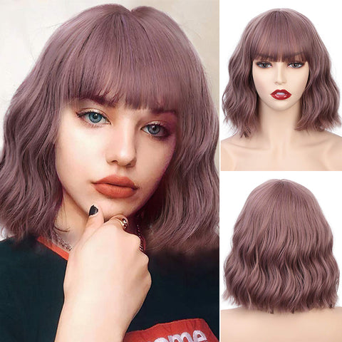 Qp hairMONIXI Synthetic Wine Red Bob Wig with Bangs Short Wavy Wigs for Women Dairy Party Used And Cosplay Hair Heat Resistant Fiber