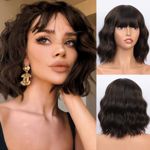 Qp hairMONIXI Synthetic Wine Red Bob Wig with Bangs Short Wavy Wigs for Women Dairy Party Used And Cosplay Hair Heat Resistant Fiber