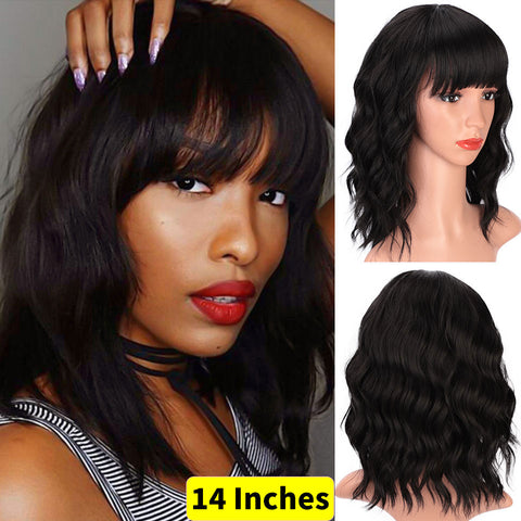 Qp hairMONIXI Synthetic Wine Red Bob Wig with Bangs Short Wavy Wigs for Women Dairy Party Used And Cosplay Hair Heat Resistant Fiber