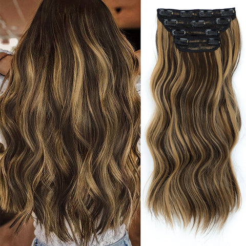 Qp hairMONIXI synthetic Long Wavy Hair Extension Mix Brown Hairpiece For Women Dairy 4 Pcs/set Looks Nature Heat Resistant